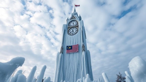 Frozen clock tower with Malaysian flag in icy scene