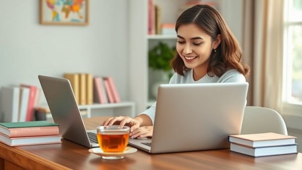 Young woman blogging about clean romance in a cozy home office.