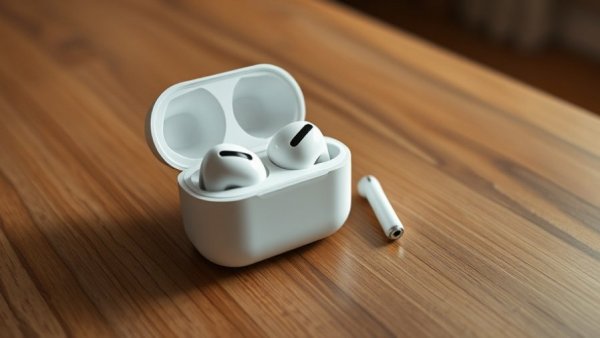 White AirPods Pro 2 in case on wooden table; AirPods Pro 2 deals.