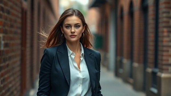 Elegant woman walking with confidence on urban street