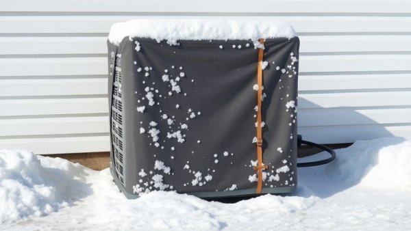 Covered AC unit in winter, snow protection