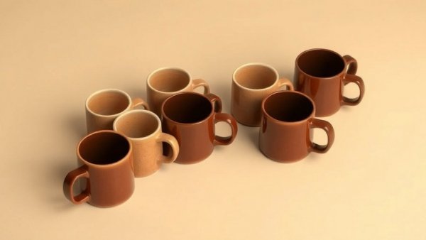 Curved arrangement of vintage brown mugs in various shades.