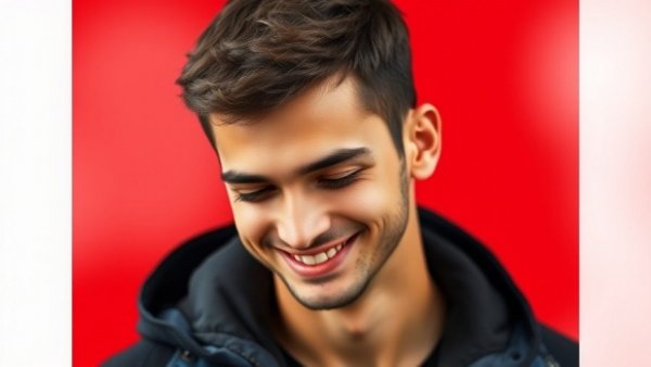 Young man in black jacket smiling against a red background.