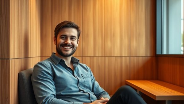 Danish fintech unicorn FlatPay modern office interior with smiling man