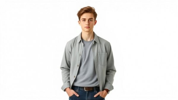 Young man in casual wear standing against plain background.