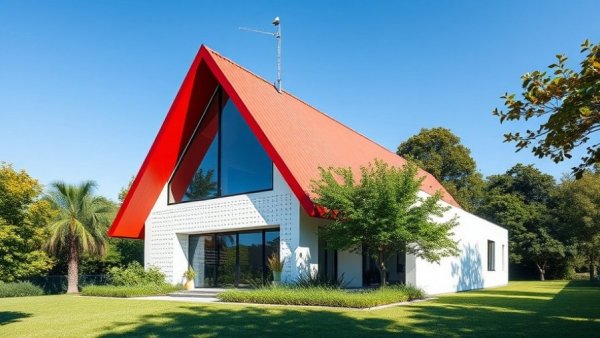 Modern architecture Czech Republic house with red roof and white facade.