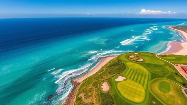 Aerial view of Cabo golf course by the ocean, vibrant colors.