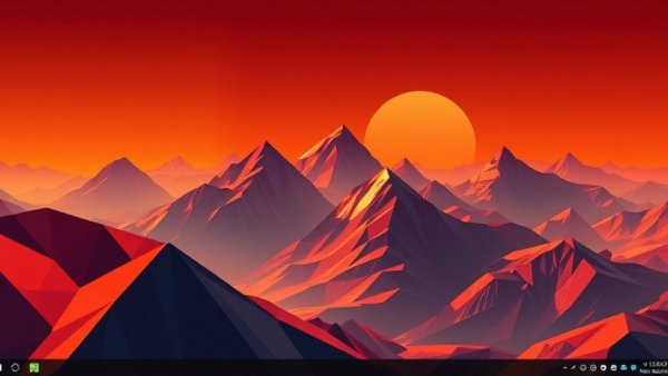 Futuristic geometric Linux interface with dramatic mountain landscape.