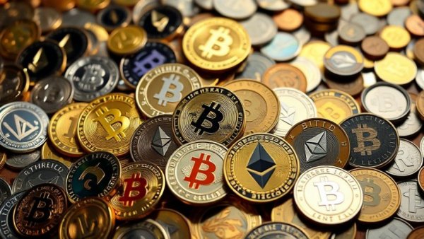 Pile of cryptocurrency coins with logos related to Brazil crypto tax.