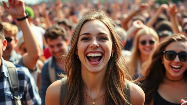 Young woman surrounded by enthusiastic fans, vibrant outdoor event.