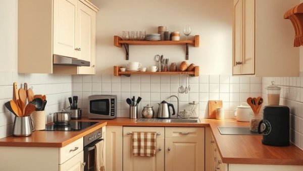 Cozy small complete kitchen design with vintage elements.
