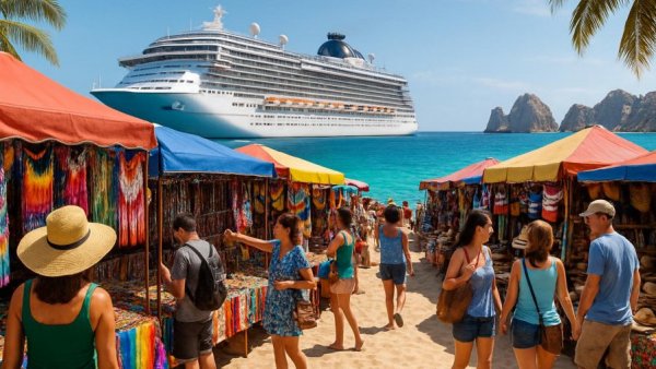 Vibrant beach scene in Los Cabos with cruise ship