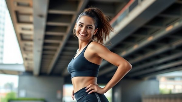 Active young woman smiling under a bridge, leucine enhances mitochondrial health.