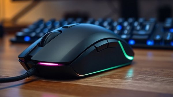 Sleek high-end gaming mouse with glowing logo on a desk, investing in high-end mouse.
