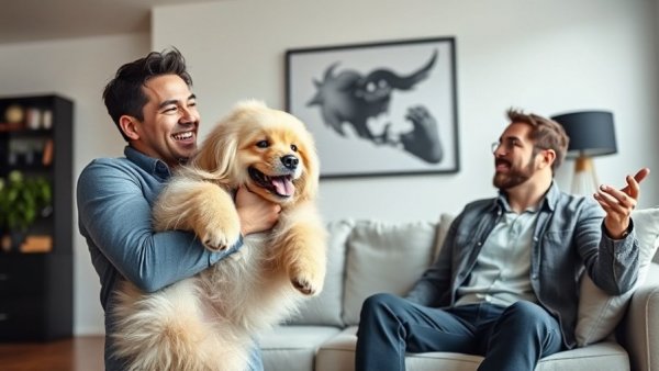 Discussing dog ownership as investment, man with dog, man talking.