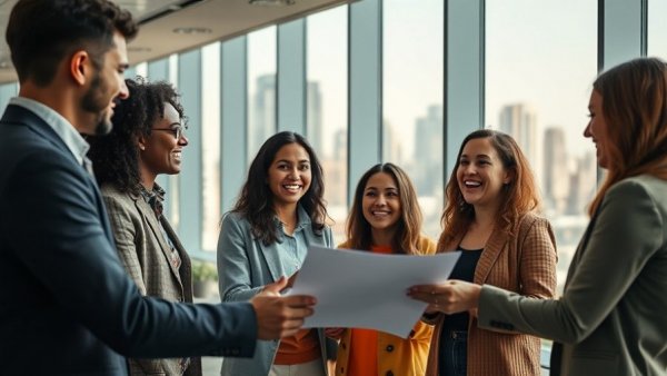 Diverse team planning social media content strategy in modern office.