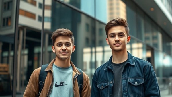 Two young men standing confidently with city reflections highlighting Lovable's $200M ARR success.