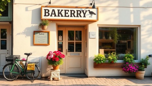 Charming bakery exterior with bike and flowers in Santa Fe