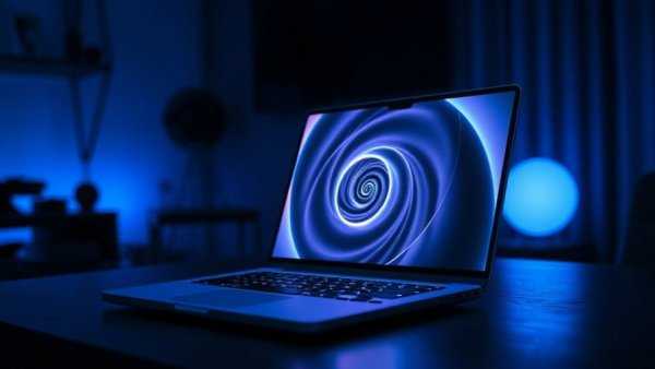 Futuristic laptop with spiral light, ambient blue lighting, Windows Edge Light for video calls.