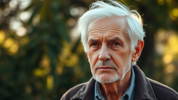 Elderly man outdoors with thoughtful look against blurred greenery.