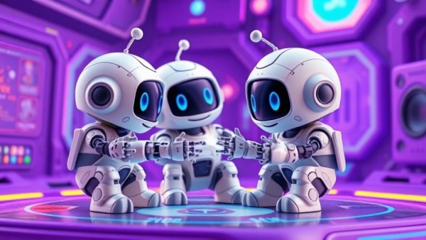 AI-powered procurement solutions with futuristic robots collaborating in a digital setting