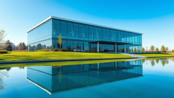 Claremont McKenna College building reflecting on water with modern glass design.