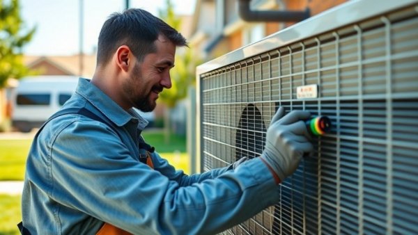 Technician repairing AC unit outdoors in a suburban area.