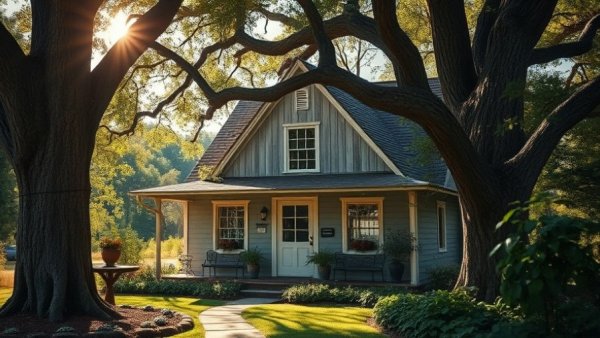 Charming vintage cottage among trees, highlighting remodel vs. rebuild for homeowners.