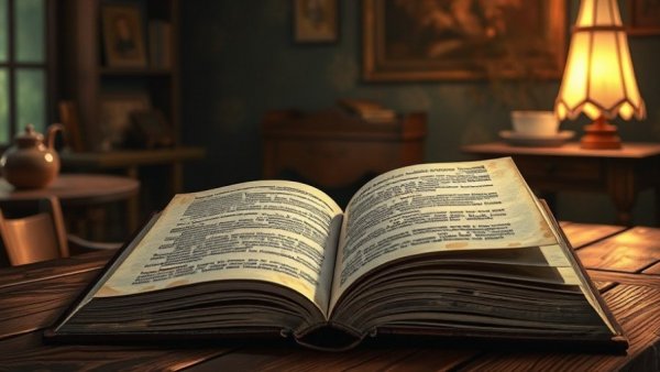 Open vintage book on wooden table in warm ambient light, classic literature theme.