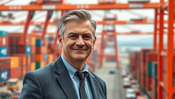 Confident businessman at shipping port illustrating nearshoring benefits.