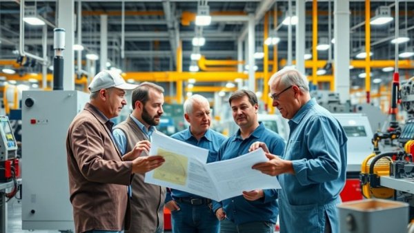 Team of workers discussing plans at a factory, illustrating near-shoring benefits.