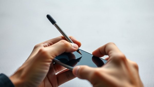 Close-up of hands using a smartphone with a pen.