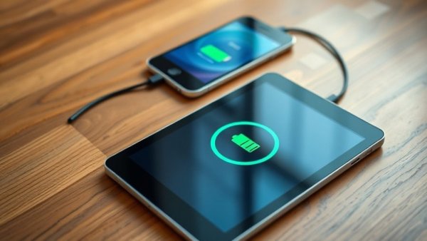 Tablet and smartphone charging on wooden table.