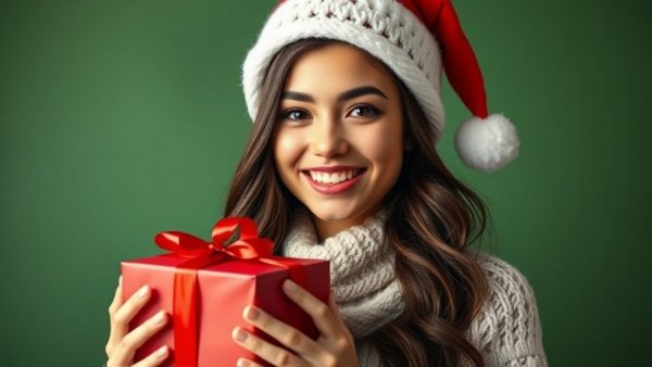 Smiling woman in Santa hat holding a gift, festive holiday traditions.