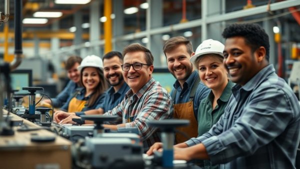 Diverse team of factory workers operating a production line, highlighting manufacturing nearshoring strategies.