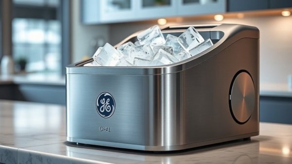 Modern GE Opal Nugget Ice Maker filled with ice on kitchen counter.