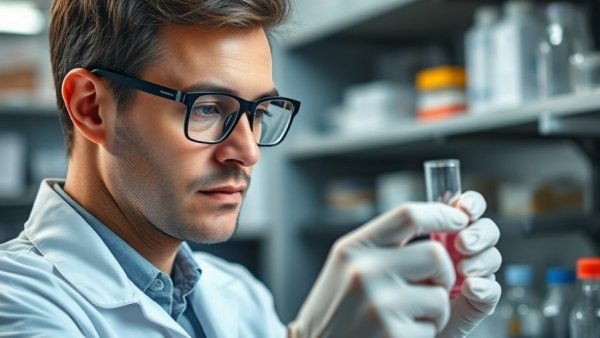 Scientist in lab coat closely examining test tube with 3D bioprinting technology.