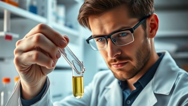 Focused scientist in lab examining test tube, related to 3D bioprinting cancer treatment.