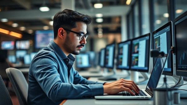 Person typing for personalized outreach on laptop in modern office.