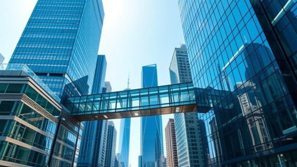 Skyscrapers with sky bridge reflecting sunlight, symbolizing activism and AI tensions.