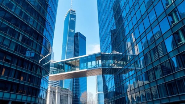 Modern office buildings connected by a skybridge during security lockdown at OpenAI.