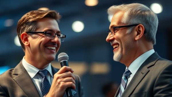 Smiling man in suit interacts with woman in red.