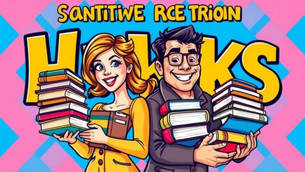 Colorful clean romance book cover with books and characters, pink diamond pattern.