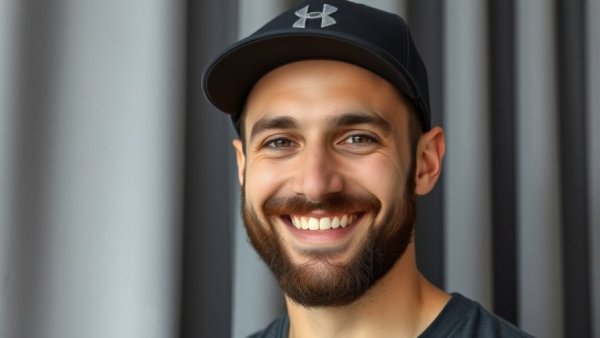 Friendly bearded man smiling in front of gray curtain.