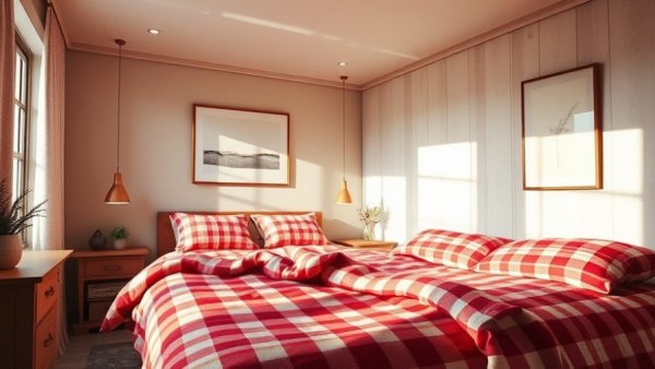 Cozy bedroom design with checkered bedding, perfect for 2025 Black Friday sales