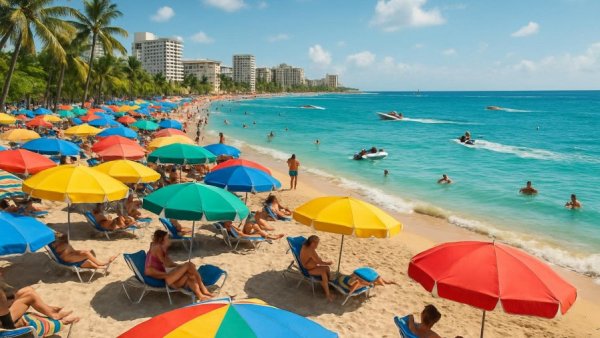 Bustling beach in Los Cabos during high season