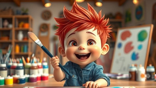Cartoon child holding quality paintbrush in creative studio.
