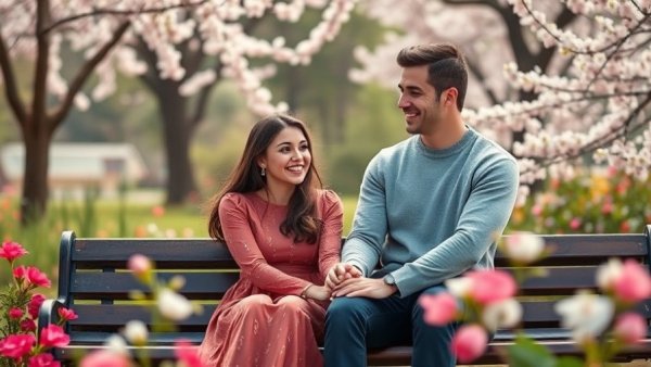 Serene couple in park, clean romance theme, blooming flowers