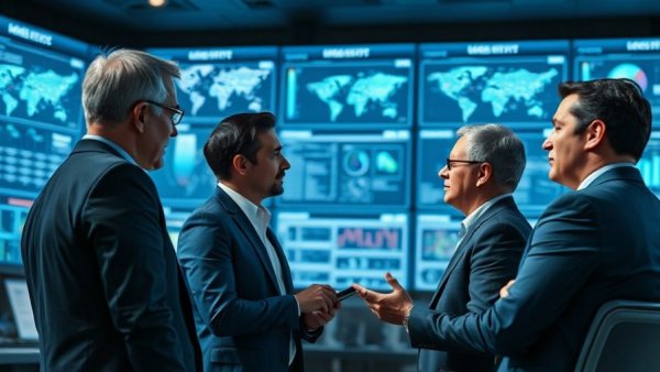 Professionals discussing supply chain optimization nearshoring in a tech setting.