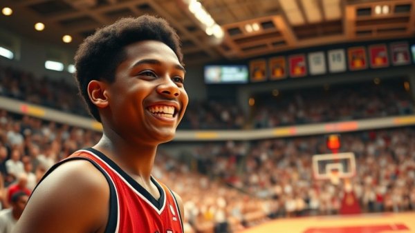 Young player in arena smiling, addressing loneliness through sports.